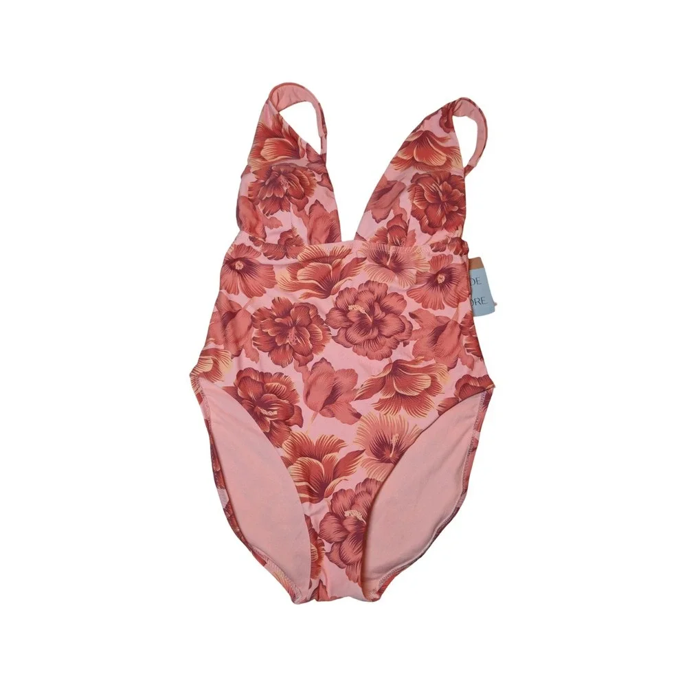 ⭐D9 Shade & Shore Womens One Piece Swimsuit Pink/Orange Hibiscus Size Small